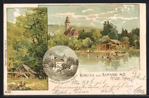 Lithographie Aspang, Kleine Klause, Gräflich Pergen`sches Schloss, Am Teich