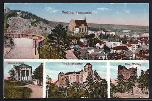 AK Mödling, Husarentempel, Burg Mödling, Schloss Liechtenstein, Gesamtansicht