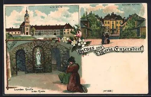 Lithographie Maria Enzersdorf, alte Kirche, Lourdesgrotte und Schloss Hunyady