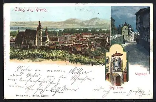 Lithographie Krems /N.-Oe., Ortsansicht aus der Vogelschau