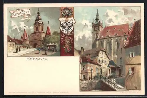 Lithographie Krems a. D., Steiner Thor und Kirche