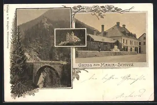 AK Maria-Schutz, Blick zur Kirche, an der steinernen Brücke über die Schlucht