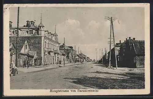 AK Baranowitschi, Hauptstrasse mit Soldaten