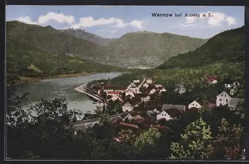 AK Wannow bei Aussig a. E., Ortsansicht am Wasser aus der Vogelschau