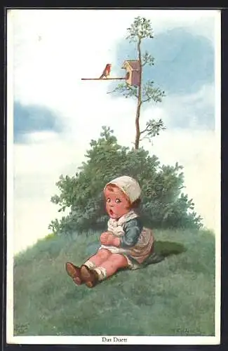 Künstler-AK Wally Fialkowska: Das Duett, Kleines Mädchen und Vogel