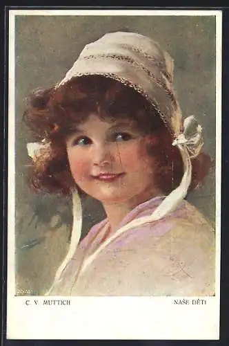 Künstler-AK C.V.Muttich: süsses Mädchen mit lockigem Haar, Haube