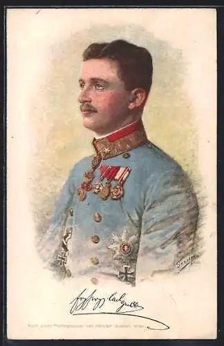 Künstler-AK Kaiser Karl I. von Österreich in Uniform mit Orden, Rotes Kreuz