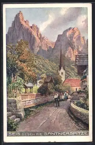 Künstler-AK Seis, Ortsansicht gegen die Santnerspitze