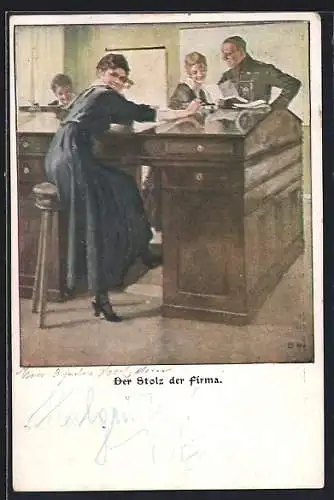 Künstler-AK Brynolf Wennerberg: Der Stolz der Firma, Damen am Schreibtisch und Mann in Uniform freuen sich