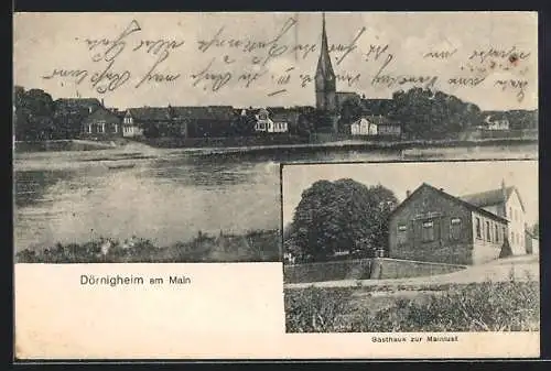 AK Dörnigheim am Main, Gasthaus zur Mainlust, Uferpartie mit Kirche