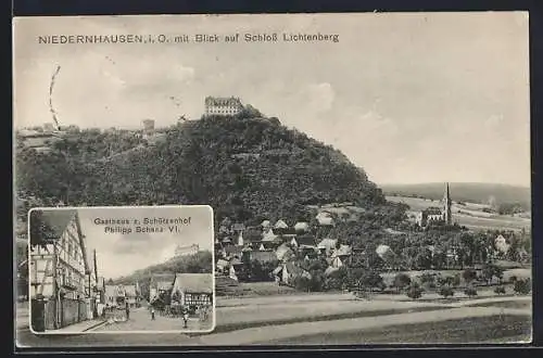 AK Niedernhausen i. O., Gasthaus zum Schützenhof, Teilansicht mit Schloss Lichtenberg