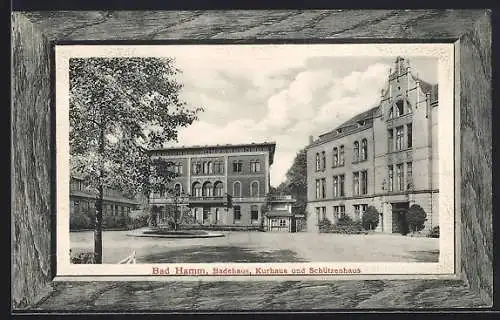Präge-AK Bad Hamm, Kurhaus mit Badehaus und Schützenhaus, Passepartout