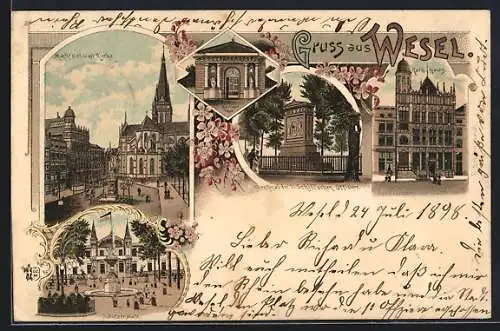 Lithographie Wesel / Rhein, Rathaus, Schützenplatz, Berliner Tor