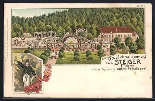 Lithographie Nieder-Pesterwitz, Gasthaus Zum Steiger von F. Thieme
