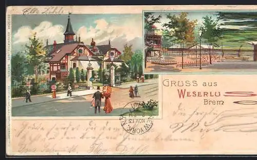 Lithographie Bremen, Gasthof Weserlust, Garten