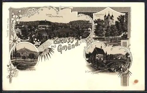 Lithographie Gmünd, Kirche St. Leonhard b. Friedhof, Rechberg, Fünfköpfiger Turm