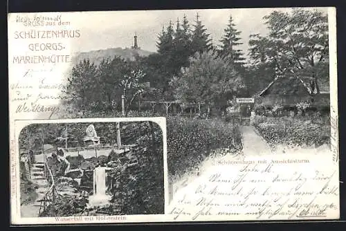 AK Georgsmarienhütte, Gasthaus Schützenhaus, Aussichtsturm, Wasserfall mit Holstein