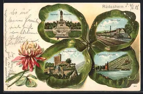 Passepartout-Lithographie Rüdesheim am Rhein, Burg Rheinstein im Kleeblatt