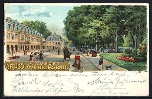 Lithographie Wilhelmsbad, Besucher im Park, Frau auf Fahrrad
