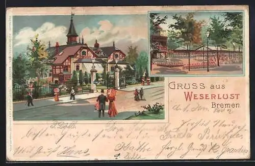 Lithographie Bremen, Gasthaus Weserlust, verschiedene Ansichten