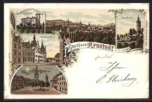 Lithographie Arnstadt, Villa Marlitt, Riedplatz, Post u. Rathaus, Ortsansicht