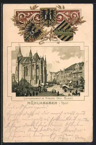 Passepartout-Lithographie Mühlhausen /Th., Untermarkt mit Kirche Divi Blasii, Wappen mit Ornamenten