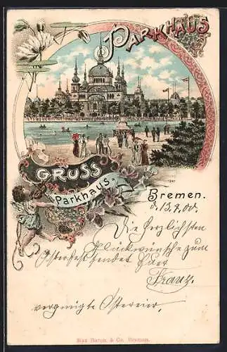 Lithographie Bremen, Gasthof Parkhaus mit Uferpromenade