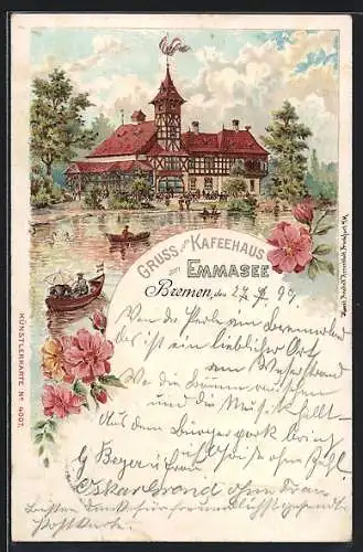 Lithographie Bremen, Gaststätte Kaffeehaus am Emmasee mit Bootsteich, Blumen