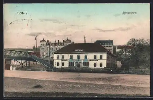 AK Gössnitz / Thür., Gaststätte Schützenhaus mit Brücke u. Umgebung
