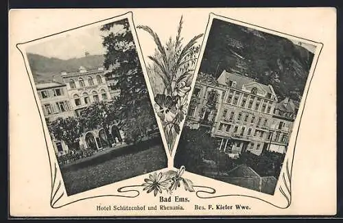 AK Bad Ems, Hotel Schützenhof und Rhenania, Besitzer F. Kiefer Wwe., Blumen