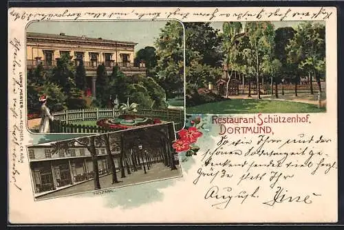 Lithographie Dortmund, Restaurant Schützenhof mit Garten und Tanzsaal