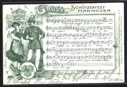 Lithographie Hannover, Festpostkarte Schützenfest, Schützenpaar vor dem Festgebäude, Kleeblatt, Lied mit Noten