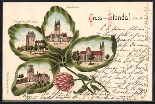 Passepartout-Lithographie Stendal, Tangermünder Thor, Marktplatz, Dom und Uenglinger Thor