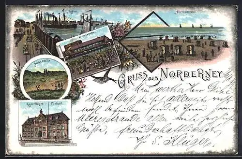 Lithographie Norderney, Hafenpartie, Victoriahalle, Herrenstrand