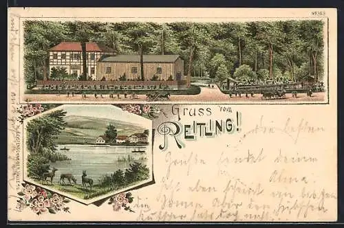 Lithographie Reitling, Gasthaus im Wald
