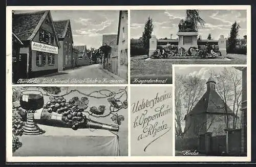 AK Uelversheim, Geschäft von Jacob Jennerich in der Oberdorfstrasse, Kriegerdenkmal und Kirche