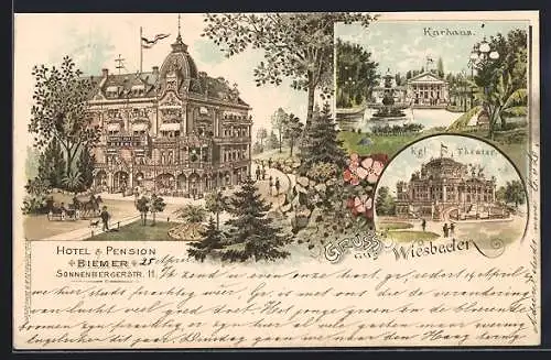 Lithographie Wiesbaden, Hotel-Pension Biemer, Sonnenbergerstrasse 11, Kurhaus