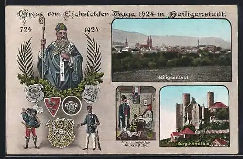 AK Heiligenstadt / Eichsfeld, Festpostkarte Eichsfelder Tage 1924, Burg Hanstein, Totalansicht, Wappen