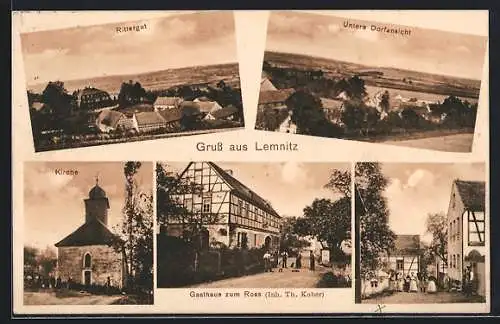 AK Lemnitz, Rittergut, Gasthaus zum Ross von Th. Kober und Kirche