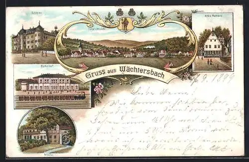 Lithographie Wächtersbach, Bahnhof, Schloss, Altes Rathaus, Mühle