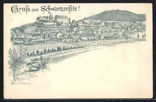 Lithographie Schwarzenfels, Panorama mit Burg