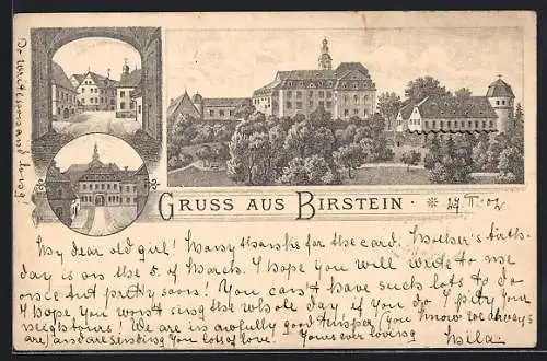 Lithographie Birstein, Offenes Tor, Burgeingang und Gesamtansicht