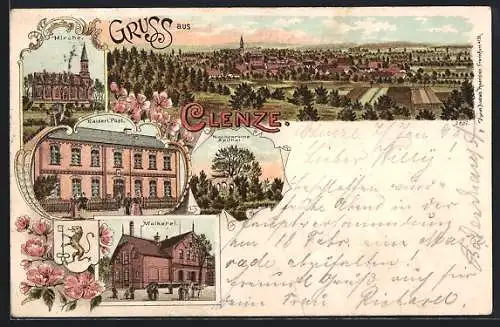 Lithographie Clenze, Totalansicht, Kaiserl. Post, Molkerei, Kirchenruine Spital