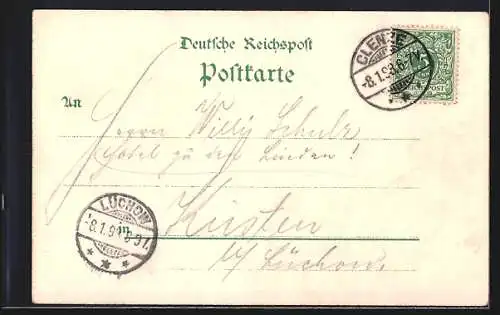 Lithographie Clenze, Totalansicht, Kaiserl. Post, Molkerei, Kirchenruine Spital