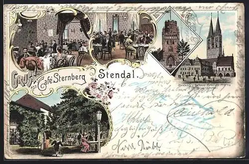 Lithographie Stendal, Café Sternberg, Uenglinger Thor und Marktplatz mit Rathaus Roland