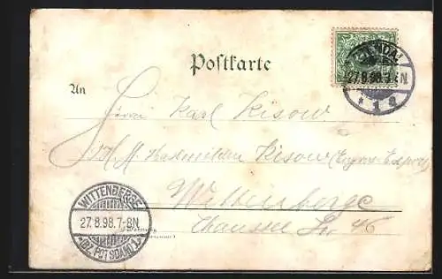 Lithographie Stendal, Café Sternberg, Uenglinger Thor und Marktplatz mit Rathaus Roland