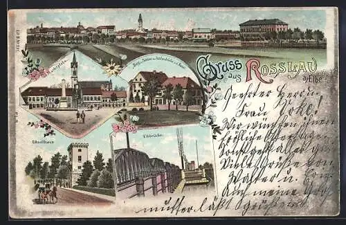 Lithographie Rosslau a. Elbe, Marktplatz, Elbbrücke und Elbzollhaus