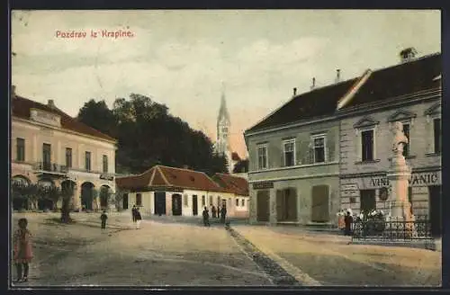 AK Krapina, Hotel Syratiste Central, Platz mit Denkmal