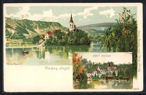 Lithographie Veldes Insel, Hotel Maliner, Panorama