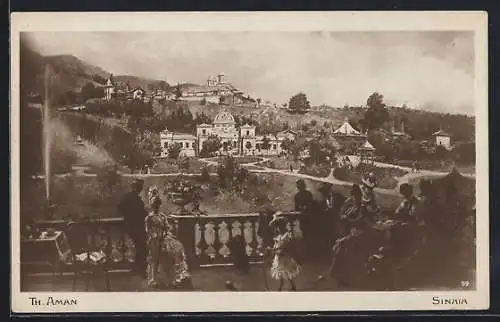 Künstler-AK Sinaia, Blick von einer Terrasse auf Kuranlagen